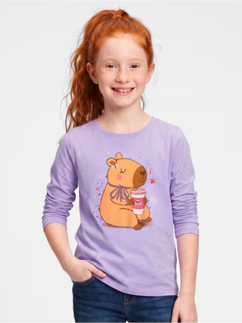The Children's Place Girls Capybara Drink Graphic Tee Long - Purple Size Xl 14
